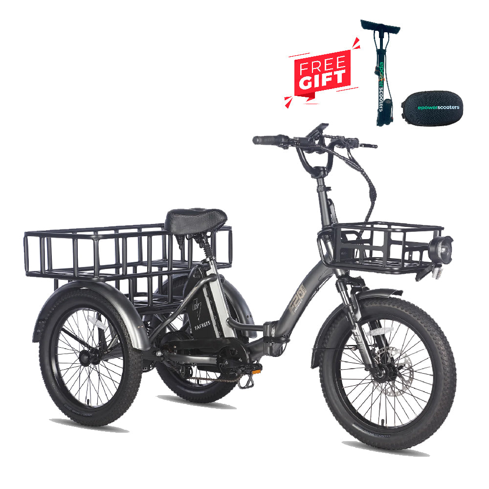 Fafrees F20 Mate Fat Tire Folding Electric Trike - Grey, 3-Wheel E-Bike with Baskets, Pump, and Tool Bag