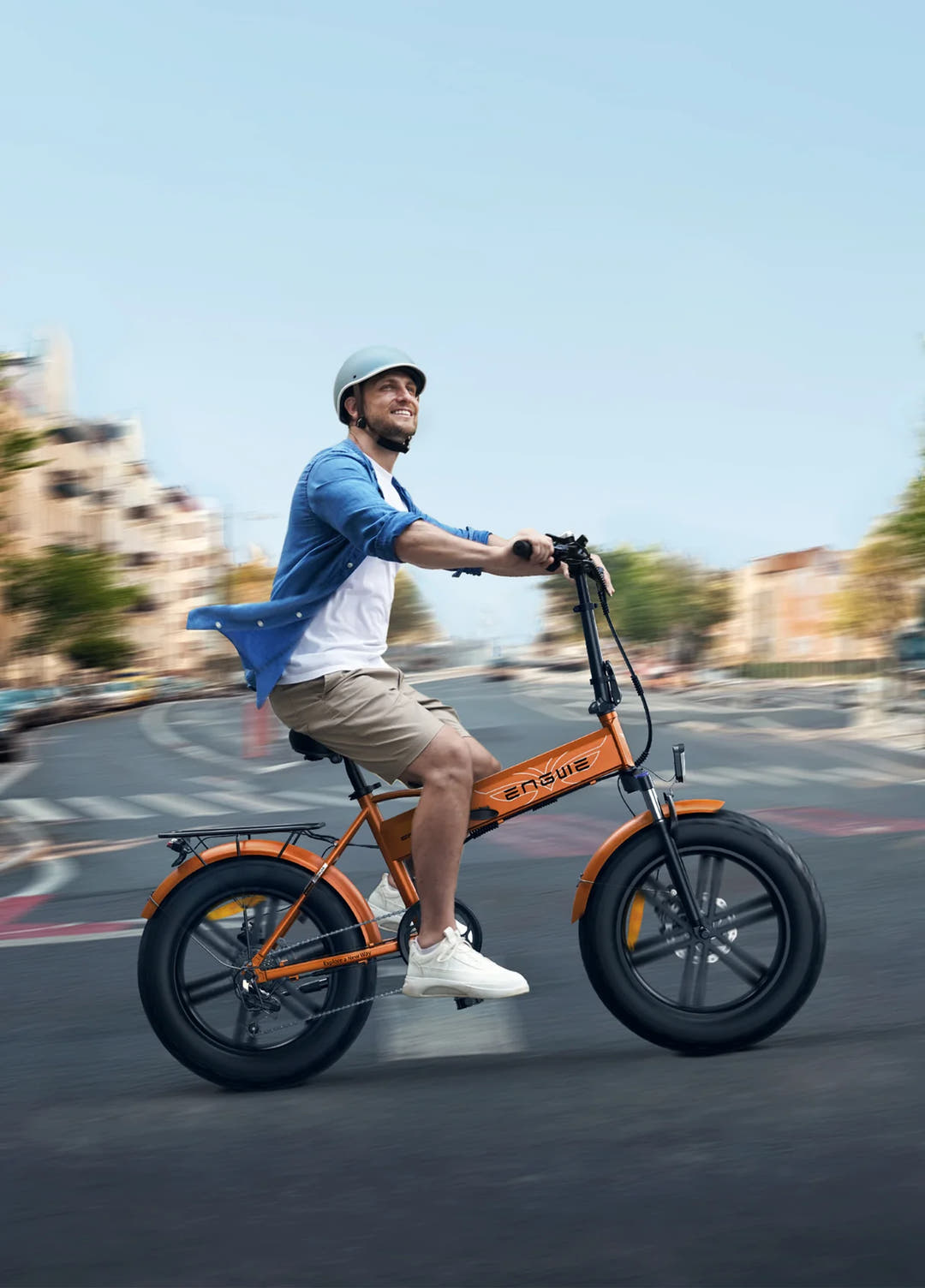 ENGWE EP-2 Boost City Folding Bikes in Orange-rider on road