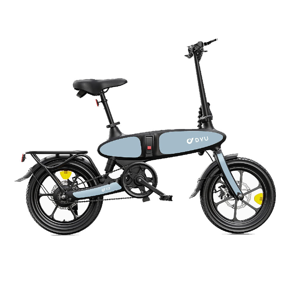 DYU C2 16 Inch Full Folding Electric Bike - Blue and Black, Compact E-Bike with Rear Rack