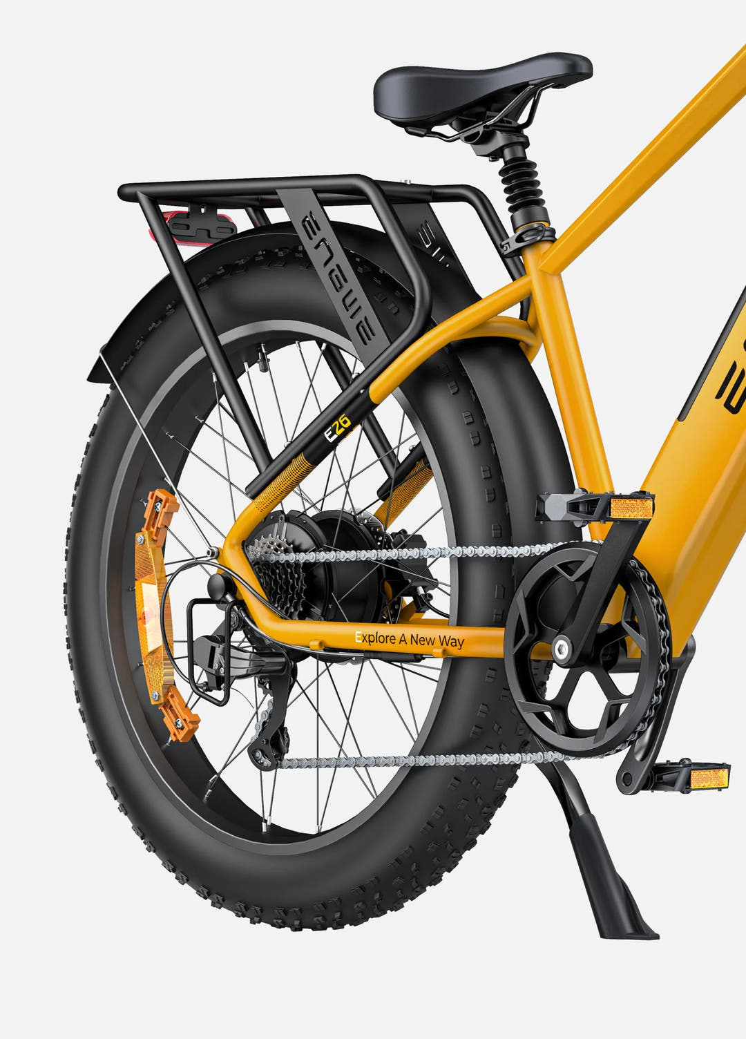 Engwe E26 Fat Tyre E-Bike in Bumblee Yellow-rear rack and gear view