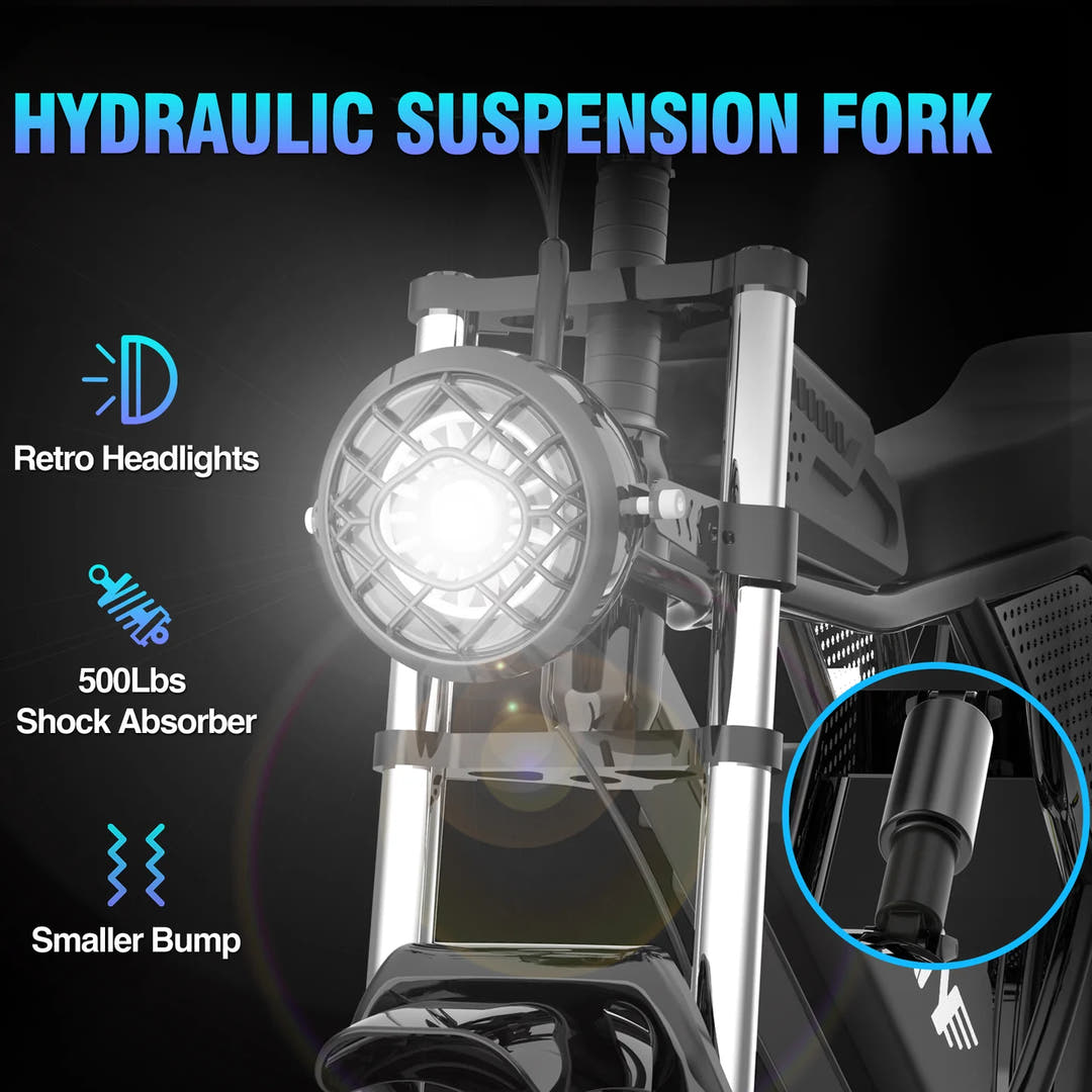 YVY Upgraded C20 Fat Tyre E-Bike-front suspension and headlight