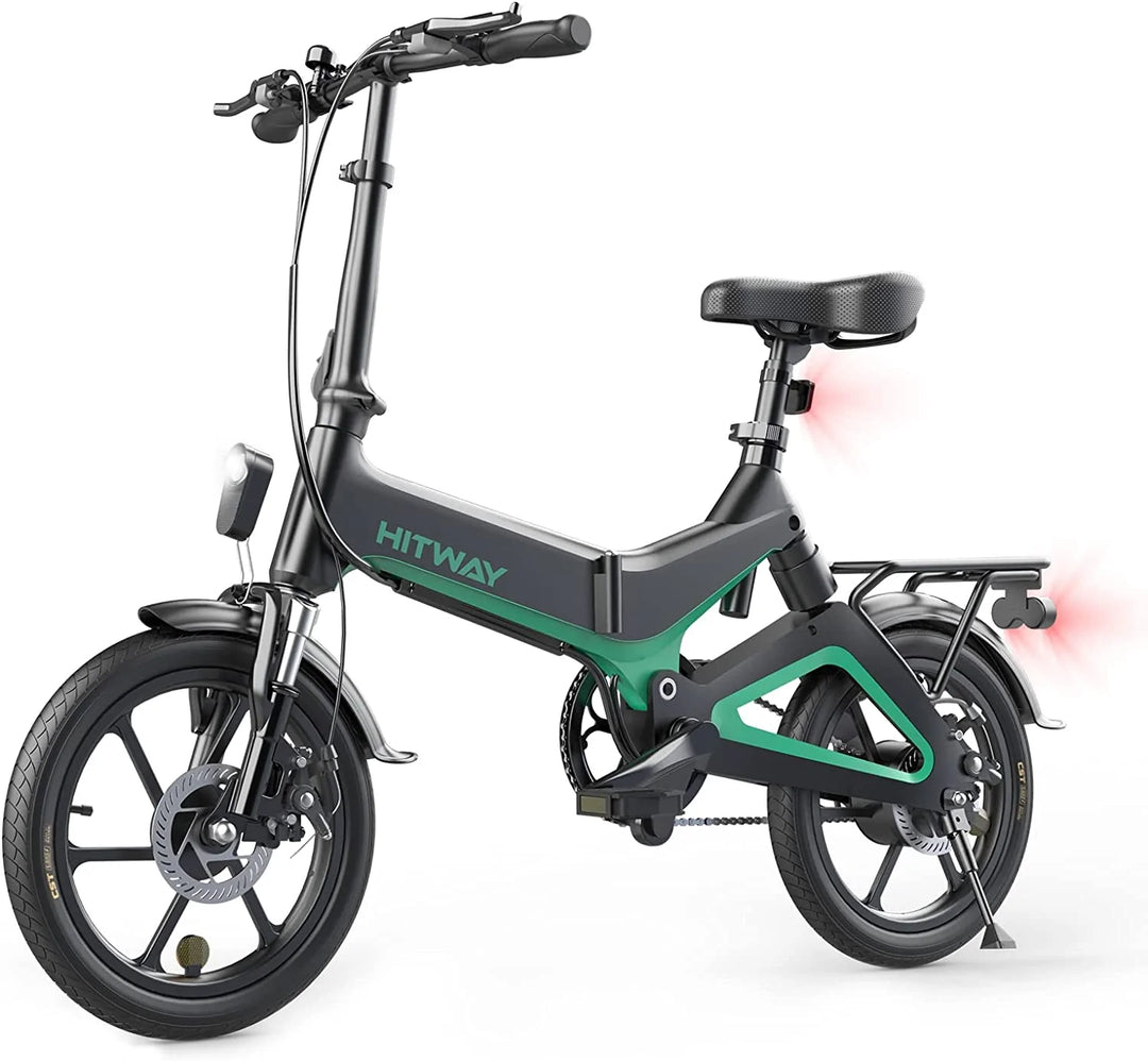 Black and Green Hitway Electric Foldable Bicycle Featuring Integrated Lights, Rear Rack, Compact Frame, and Comfortable Seat