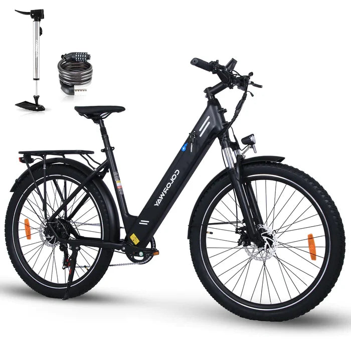 COLORWAY BK18 Electric Commuter Bike - Black, Step-Through E-Bike with Rear Rack, Pump, and Lock