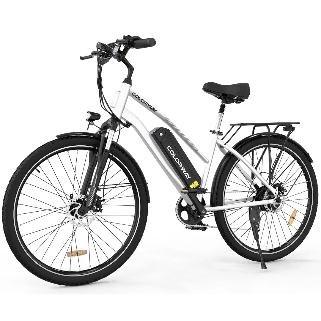 COLORWAY BK27 Electric Commuter Bike - White, Step-Through E-Bike with Rear Rack and Front Suspension
