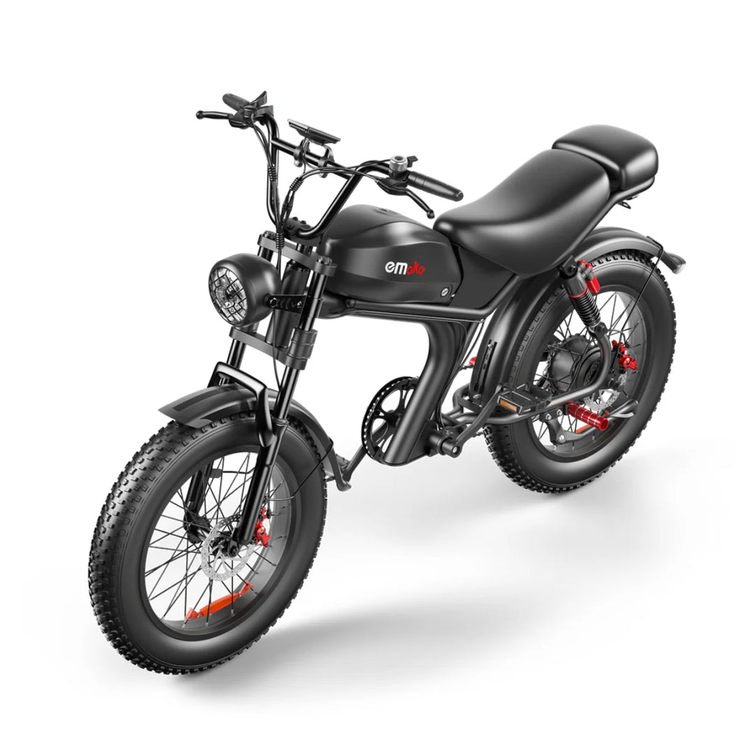 Emoko C93 Electric Fat Tire Bike - Black, Retro Style E-Bike with Comfortable Seat and Round Headlight