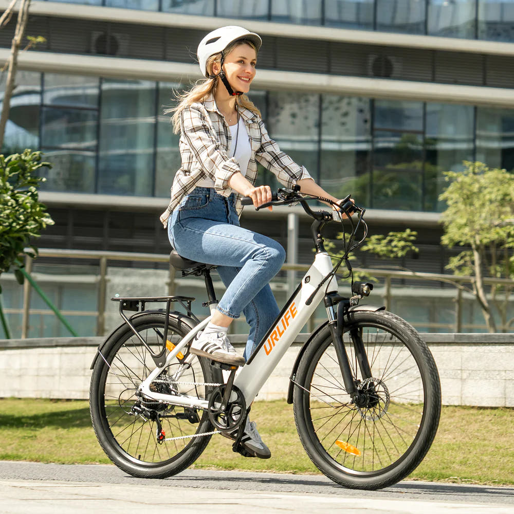 URLIFE E26 City E-Bike in Black-female rider on road