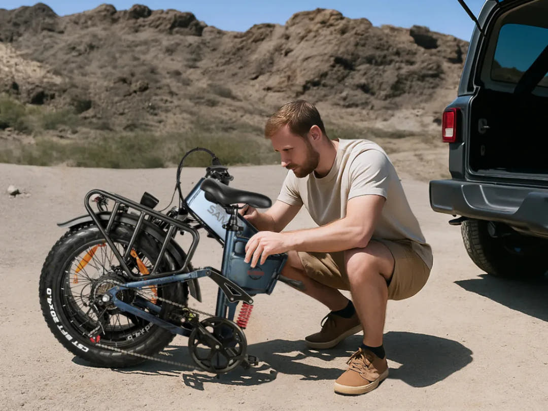 SAMEBIKE RS-A02 Pro Fat Tyre E-Bike in Navy-folded view with rider