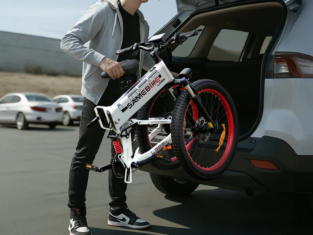 SAMEBIKE LO26 Plus E-Bike in White-folded bike in car