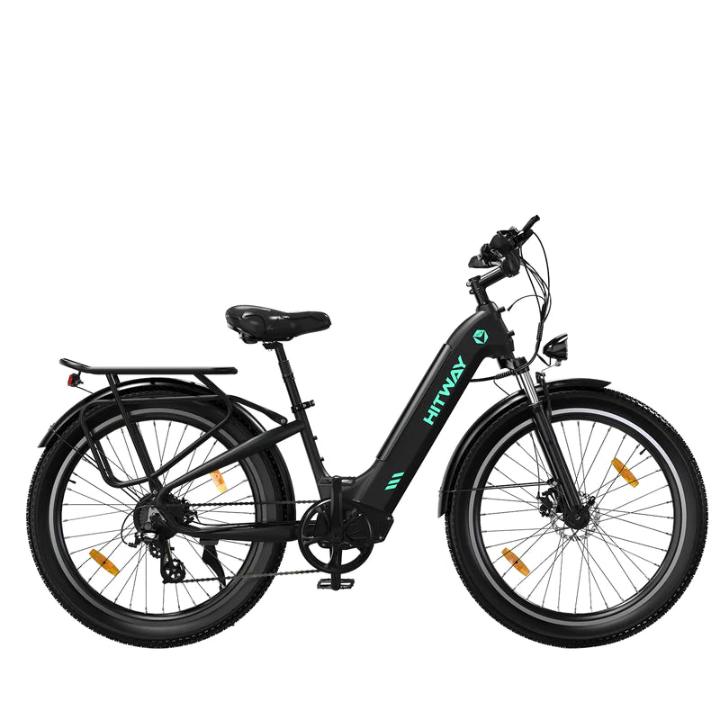 HITWAY BK16 Electric City Bike - Black, Step-Through E-Bike with Fat Tires, Rear Rack, and Lights