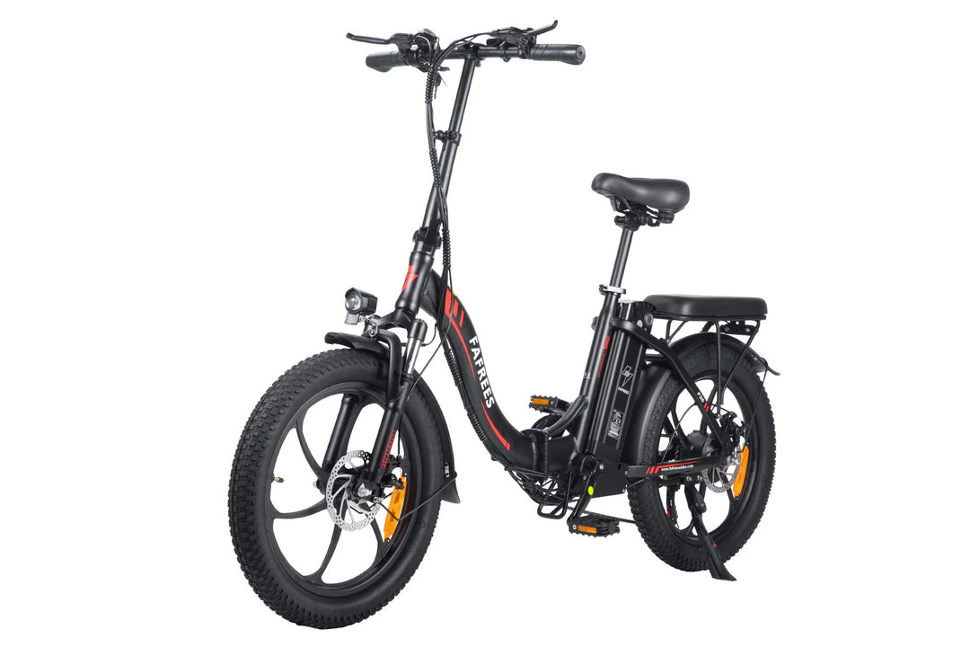 Black Fafrees F20 Electric Foldable Bicycle Featuring Fat Tires, Front Light, Rear Rack, and Adjustable Seat