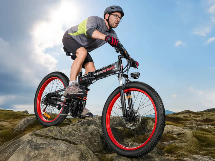 SAMEBIKE LO26 Plus E-Bike in Black-rider in hilly terrain