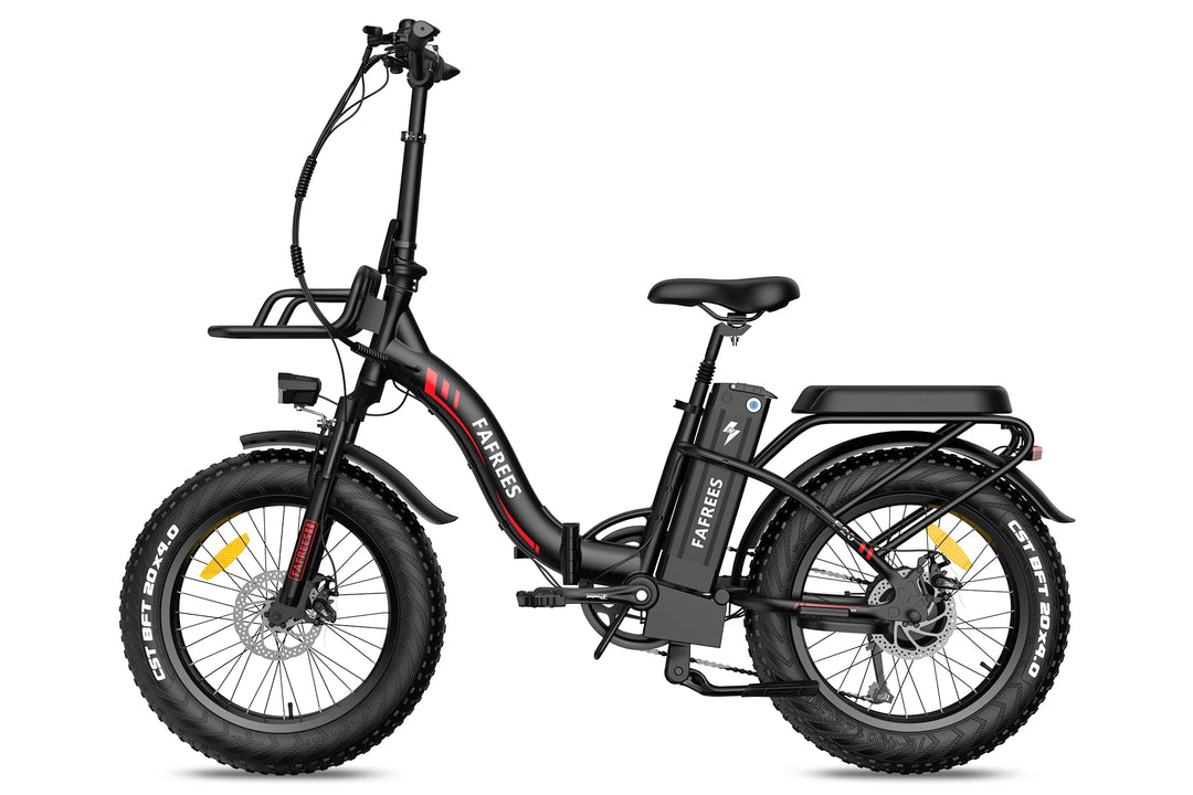 Fafrees F20 Max Folding Electric Bike - Black with Red Accents, Front Basket slot, Rear Rack, Fat Tires