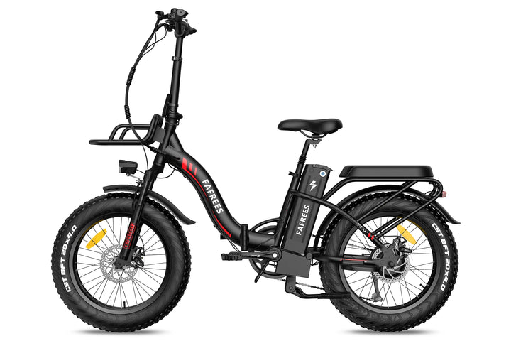 Fafrees F20 Max Folding Electric Bike - Black with Red Accents, Front Basket slot, Rear Rack, Fat Tires