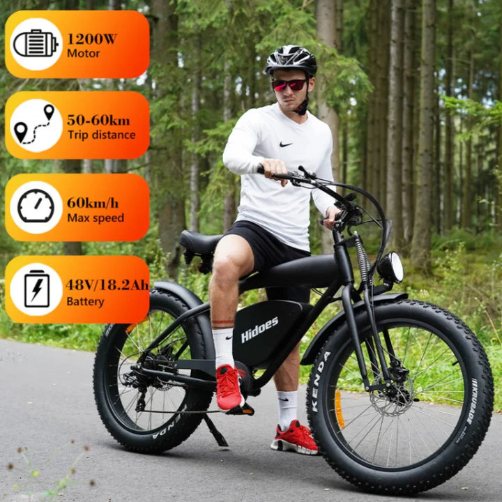 Hidoes B3 Fat Tyre E-Bike-rider in nature and specs view