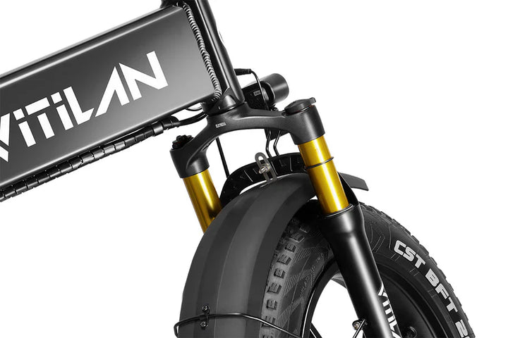 Vitilan I7 Pro Fat Tyre E-Bike in Black-front suspension view