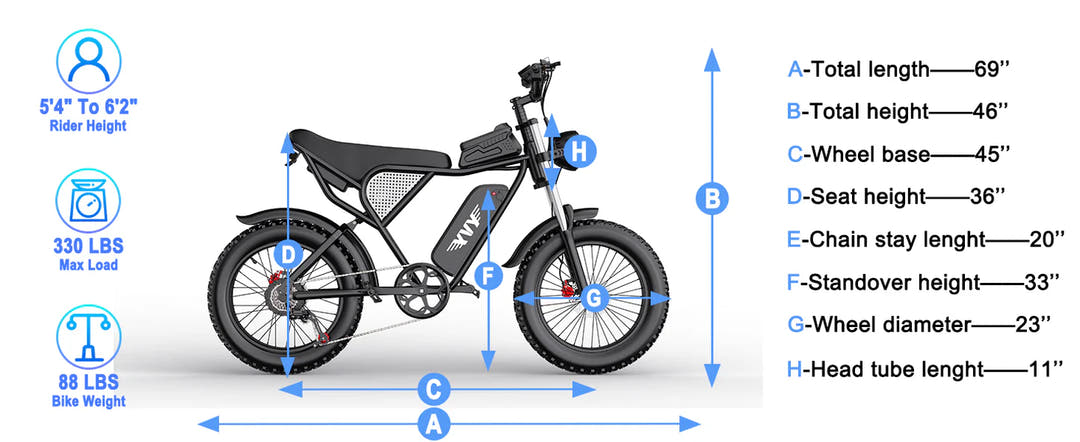 YVY Upgraded C20 Fat Tyre E-Bike-dimensions specs