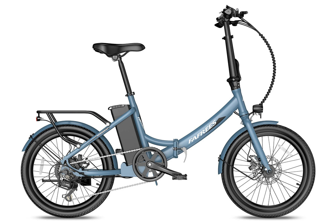 Blue Fafrees F20 Light Electric Foldable Bicycle Featuring a Lightweight Frame, Rear Rack, and Compact Design
