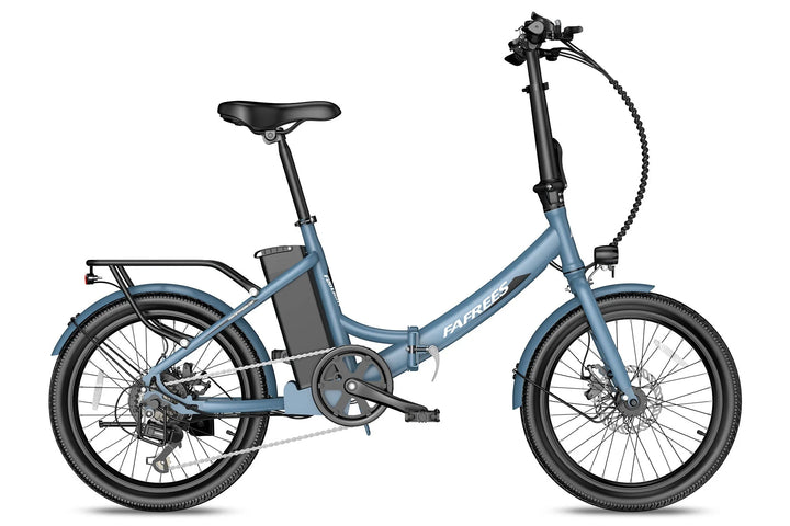 Blue Fafrees F20 Light Electric Foldable Bicycle Featuring a Lightweight Frame, Rear Rack, and Compact Design