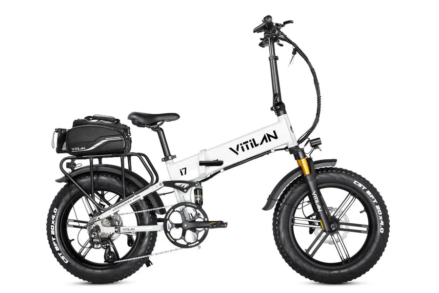 Vitilan I7 Pro Fat Tyre E-Bike in Black-bag and rack