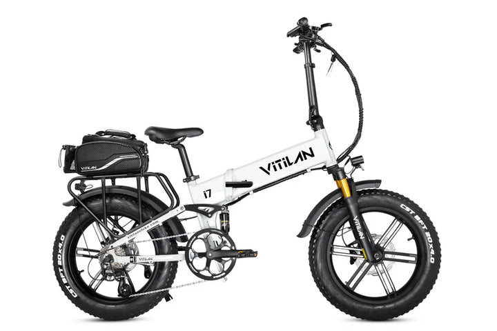 Vitilan I7 Pro Fat Tyre E-Bike in Black-bag and rack