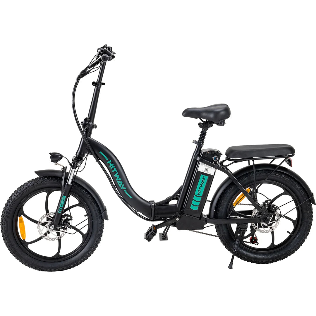 HITWAY BK6 Folding Electric Bike - Black with Green Accents, Fat Tire E-Bike with Lights and Rear Rack