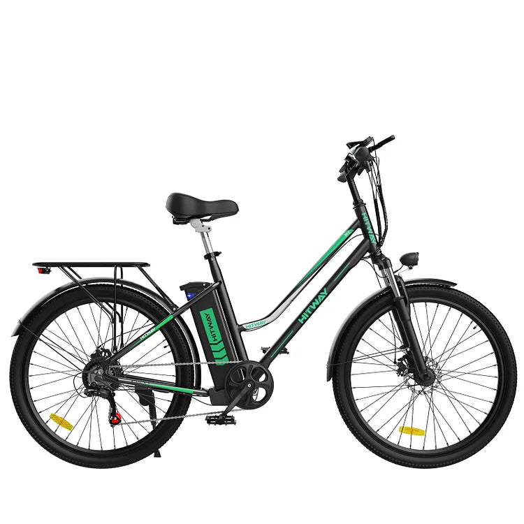HITWAY BK8 Electric City Bike - Black with Green Accents, Step-Through E-Bike with Rear Rack and Lights