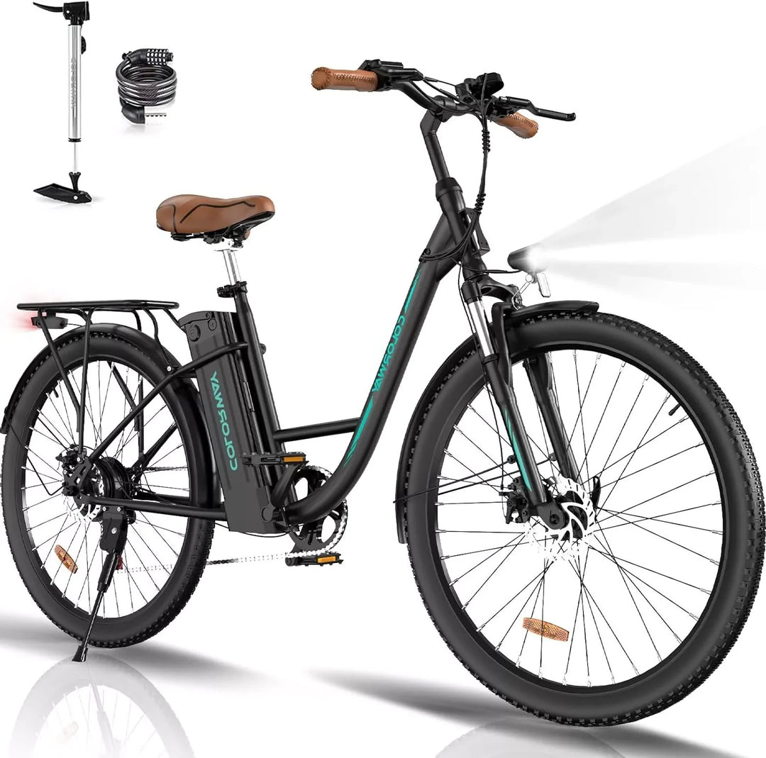 COLORWAY BK31 Electric Commuter Bike - Black with Teal Accents, Step-Through E-Bike with Rear Rack, Pump, and Lock