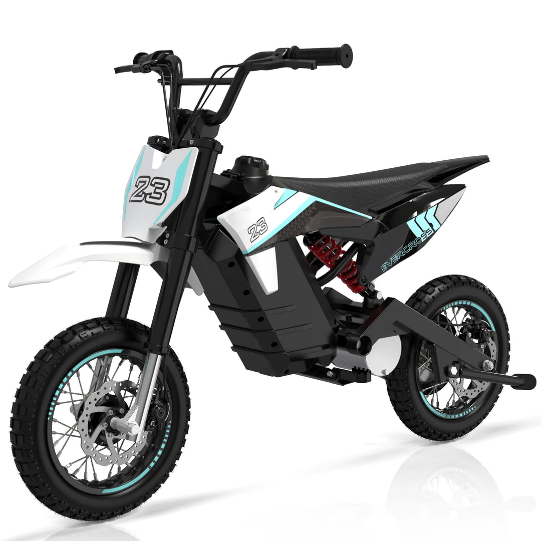 Evercross EV15M Electric Dirt Bike - White and Black with Blue Accents, Kids E-Dirt Bike with Knobby Tires and Suspension