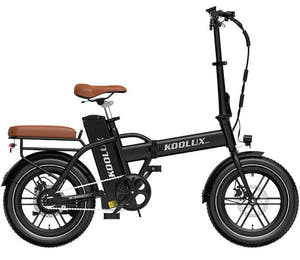 Black electric bike with brown seat on a white background, featuring the brand 'Koolux'.