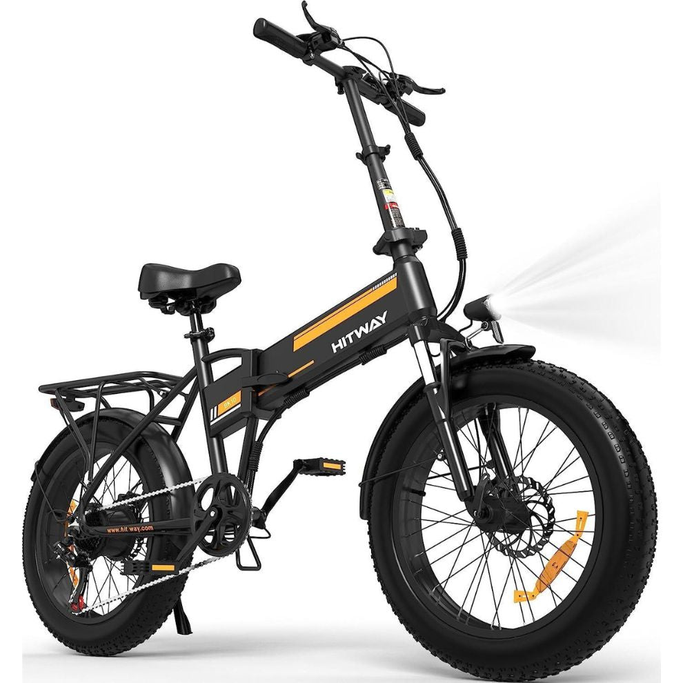 HITWAY BK10 Folding Electric Bike - Black with Orange Accents, Fat Tire E-Bike with Headlight and Rear Rack