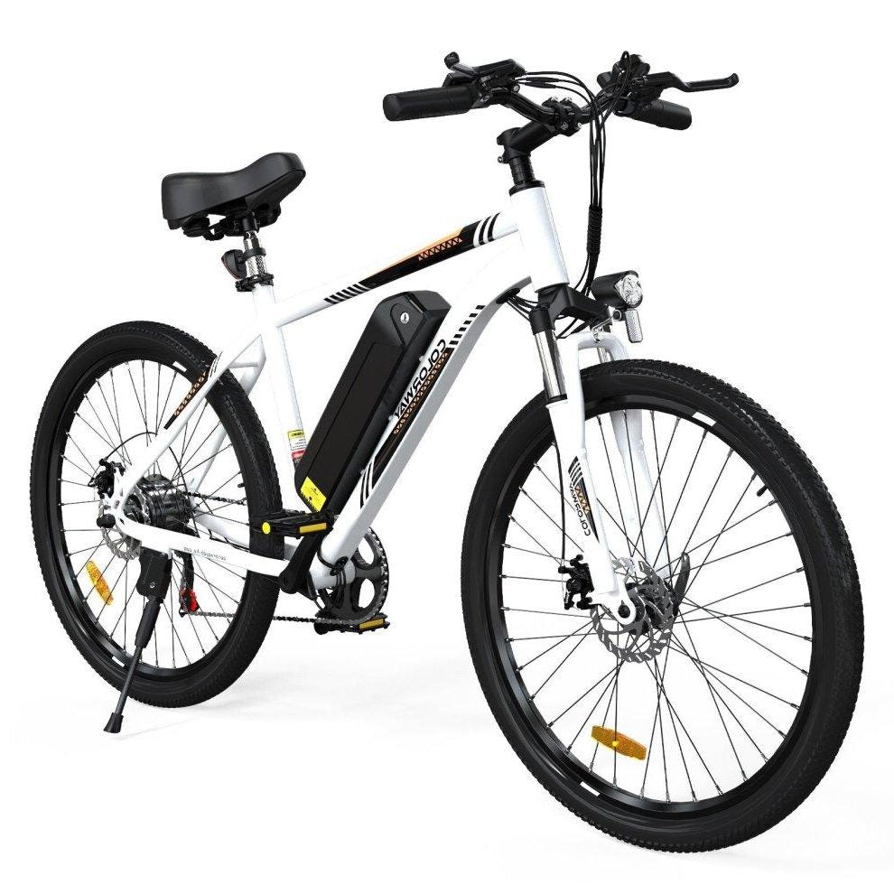COLORWAY BK15 Electric Mountain Bike - White with Black and Yellow Accents, E-MTB with Front Suspension